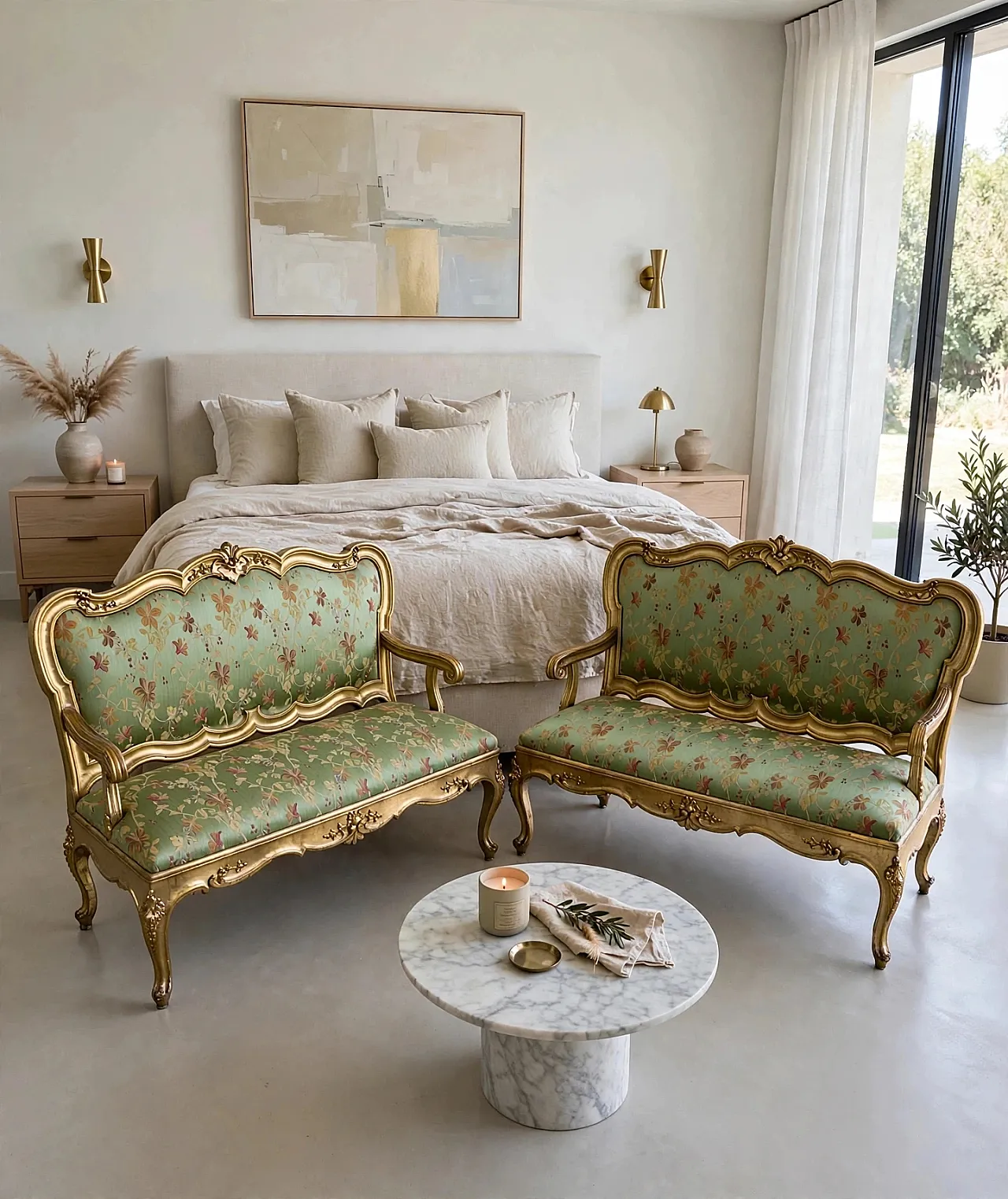 Pair of Louis XV style carved and gilded wooden sofas, 20th century 3
