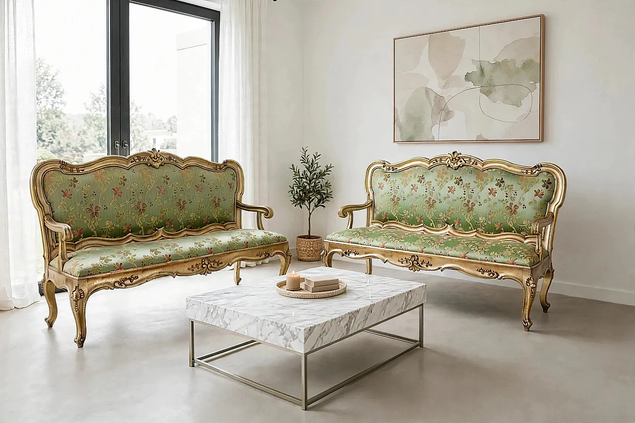 Pair of Louis XV style carved and gilded wooden sofas, 20th century 4