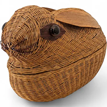 Contenitore decorativo cinese a forma di coniglio in vimini rattan 70s