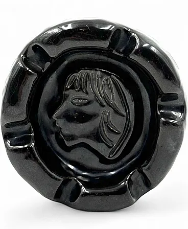 Mid-century black glazed ceramic ashtray, Accolay France 1960
