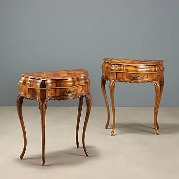 Pair of Baroque style bedside tables in walnut, early 20th century