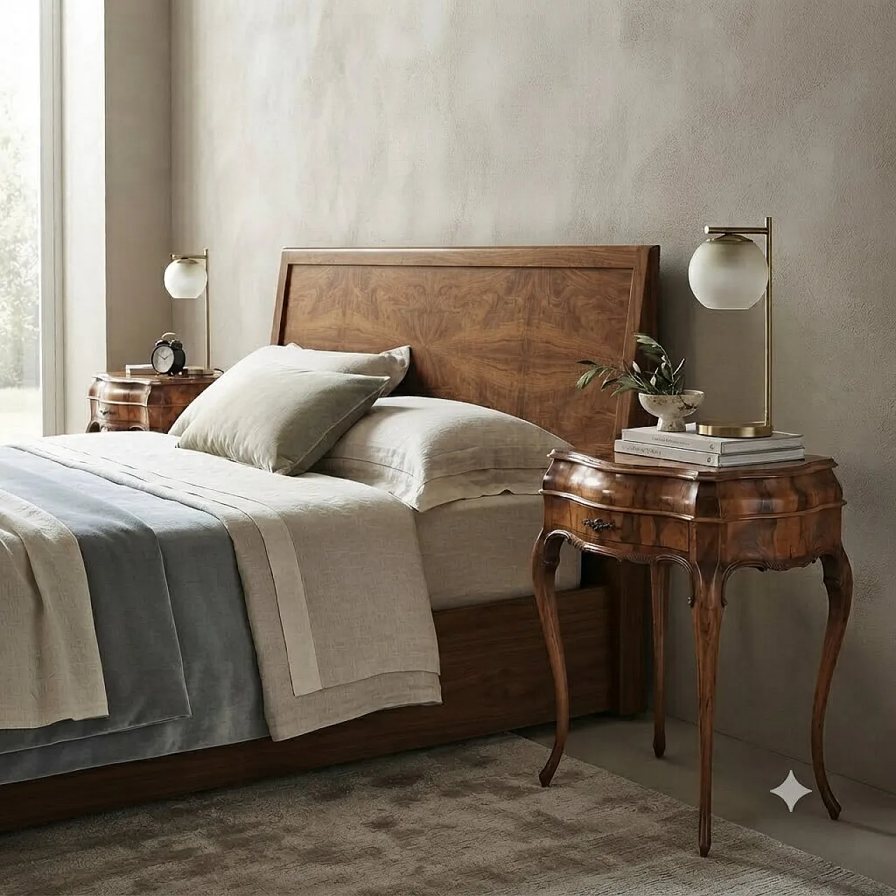 Pair of Baroque style bedside tables in walnut, early 20th century 2