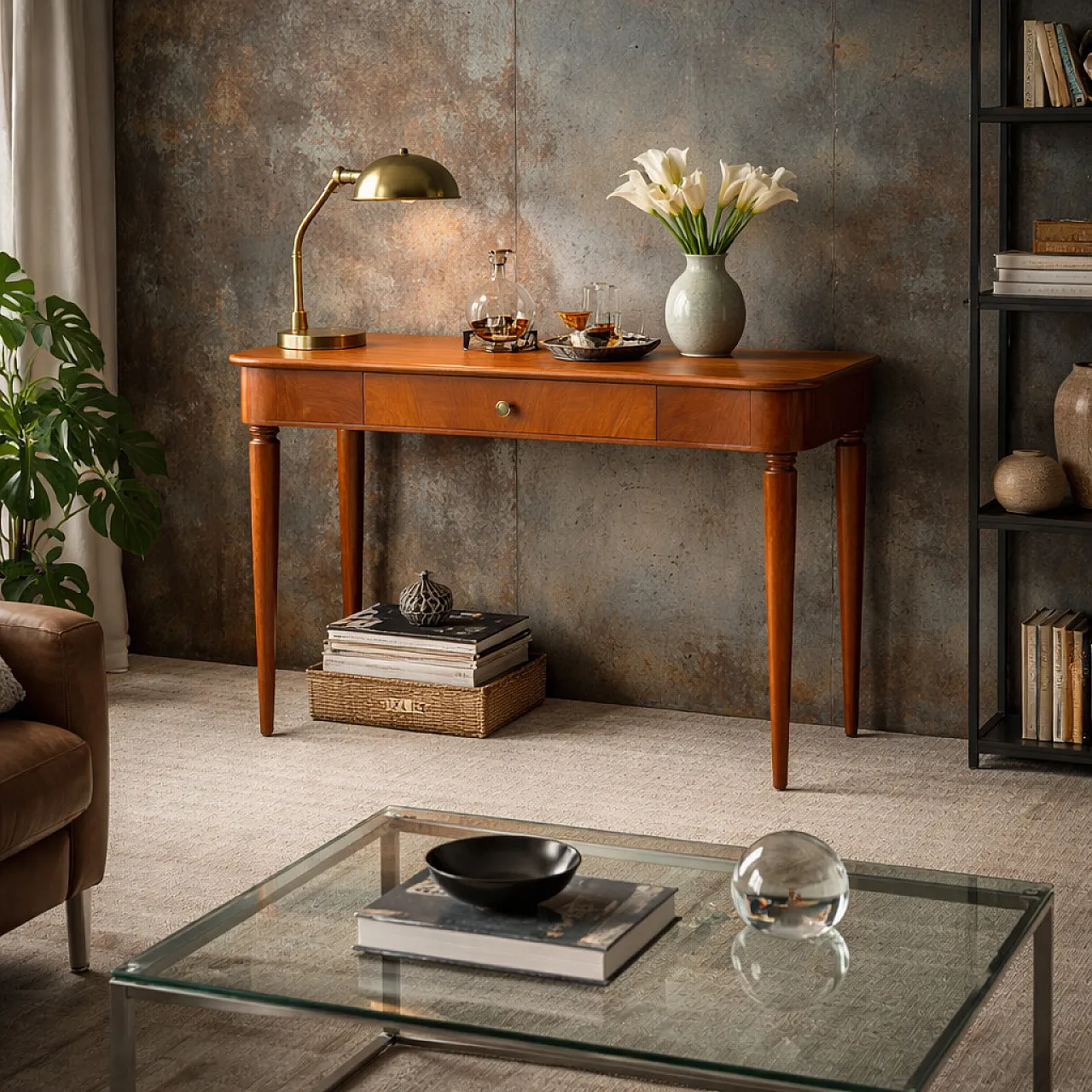 Console in mahogany veneer and brass, 1950s 2