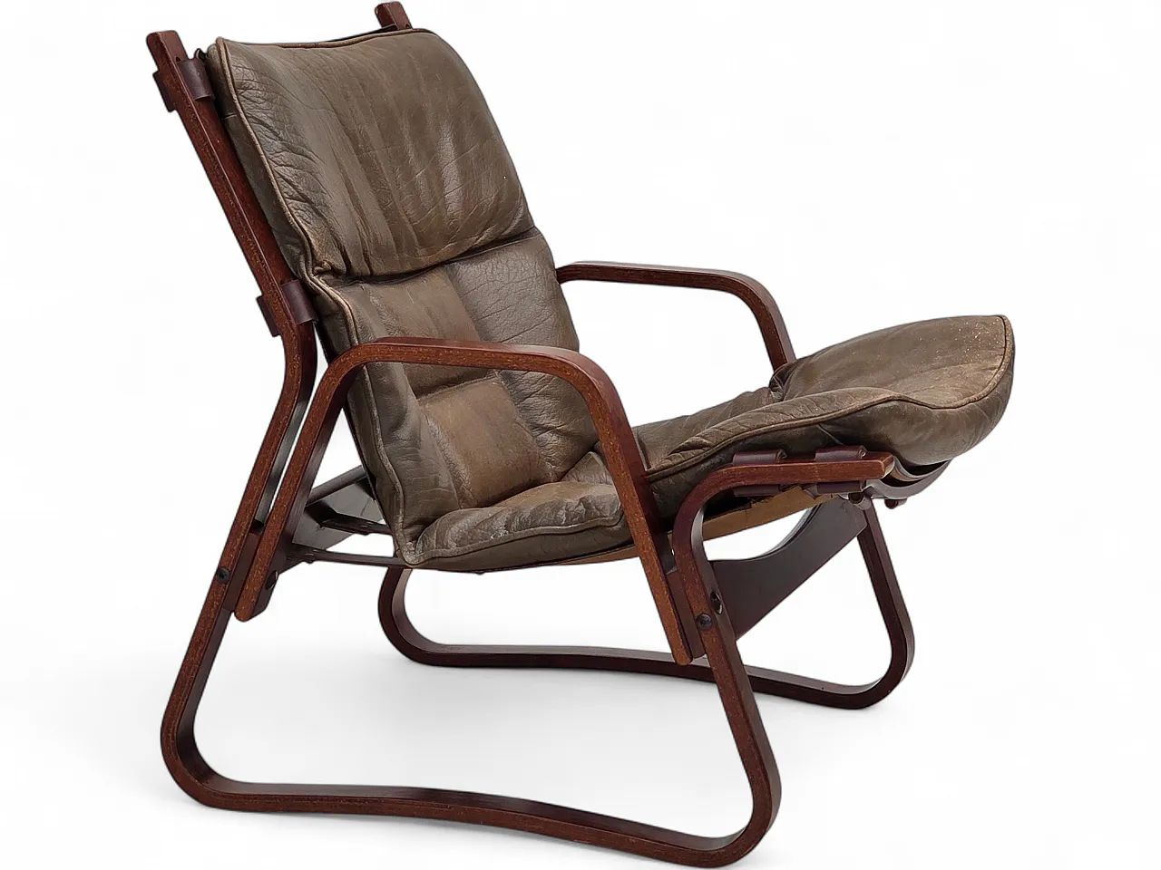Anni '70, poltrona lounge norvegese, mobili in pelle marrone. 27