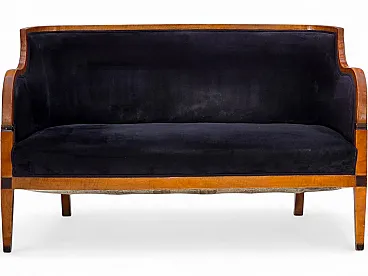 Anni '50, divano danese a 2 posti art deco, legno di frassino, mobili in velluto.