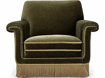 Poltrona danese anni '70, arredamento originale in velluto verde.