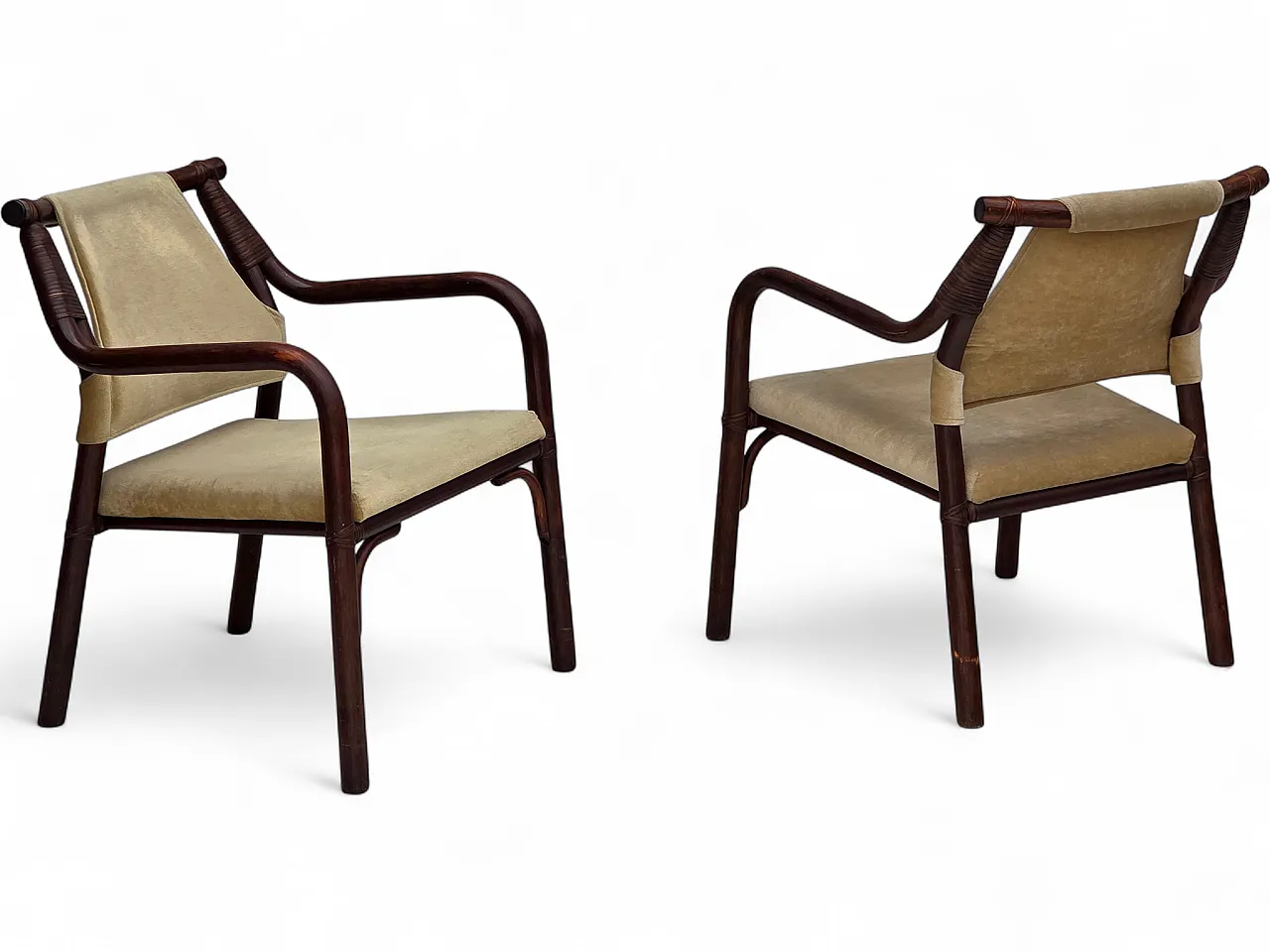 Anni '80, coppia di poltrone scandinave, mobili in velluto, bambù. 22