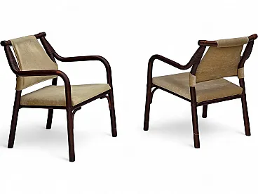 Anni '80, coppia di poltrone scandinave, mobili in velluto, bambù.