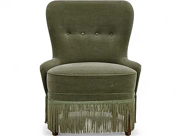 Anni '70, poltrona danese, velluto da arredamento verde.