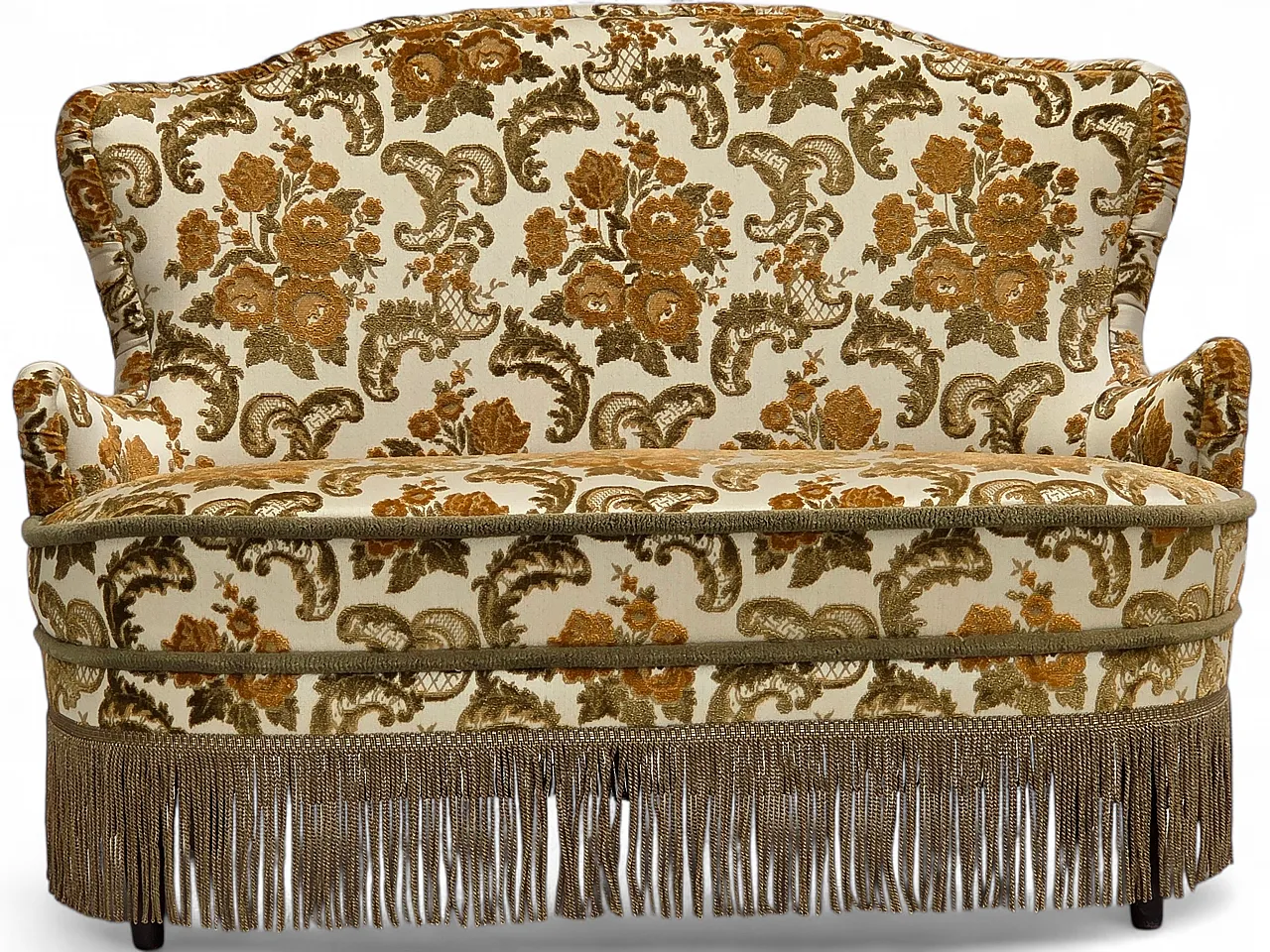 Anni '70, piccolo divano danese a 2 posti, tessuto per arredamento marrone/beige. 22