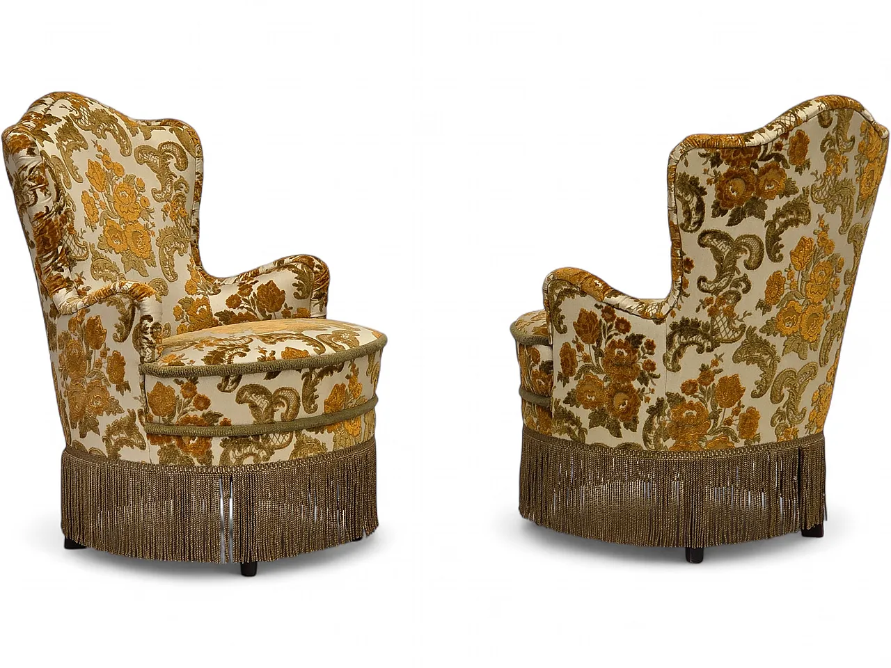 Anni '70, coppia di 2 poltroncine danesi, tessuto d'arredo marrone/beige. 21