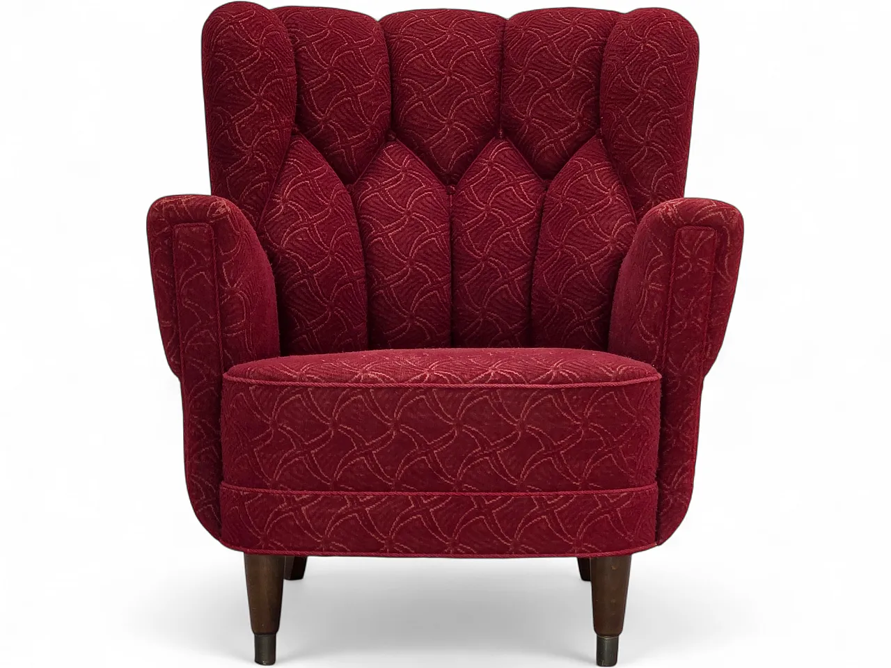 Anni '60, poltrona danese, tessuto originale d'arredo rosso. 22