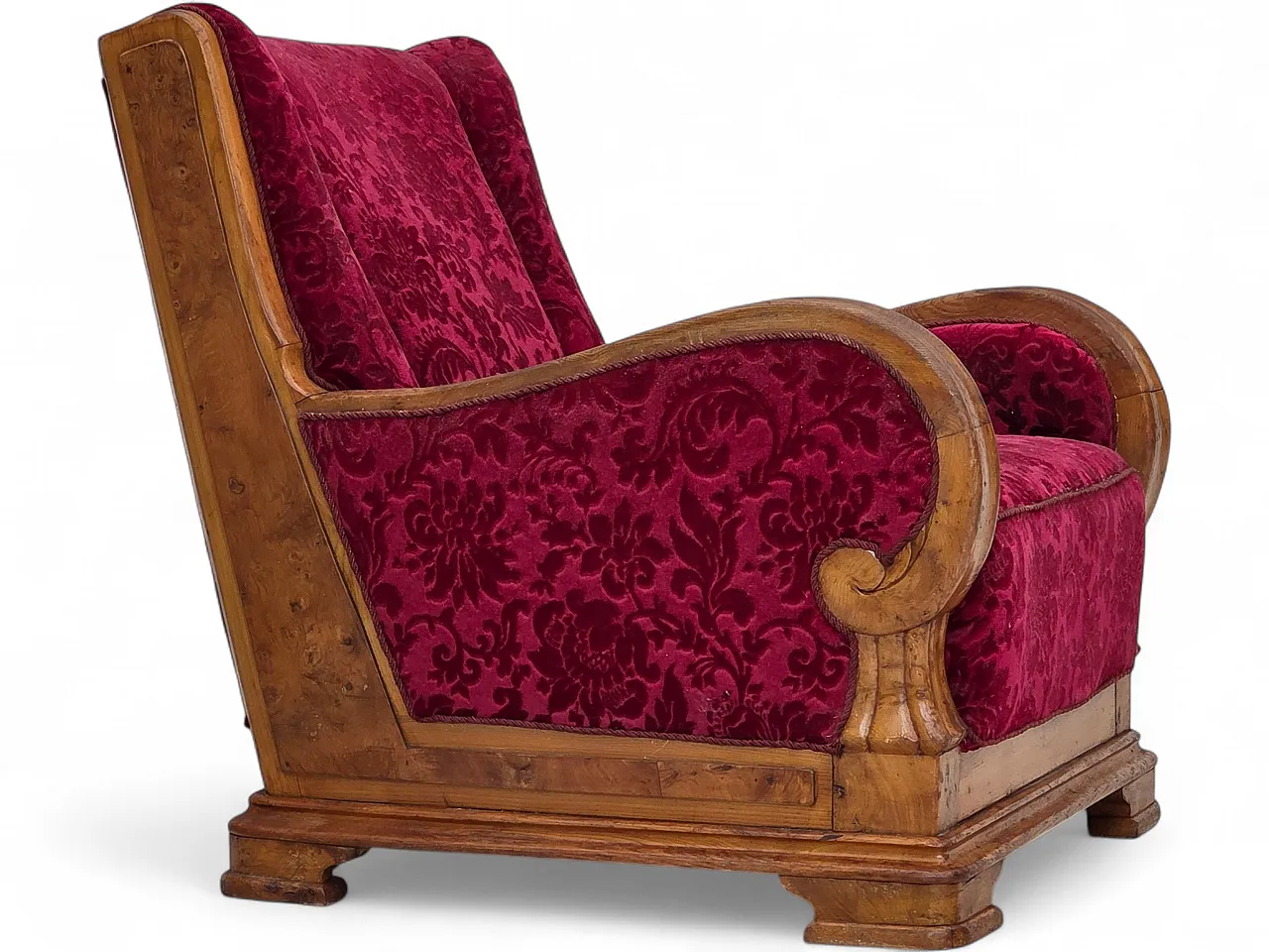Anni '50, poltrona relax danese, velluto rosso, legno di quercia. 24