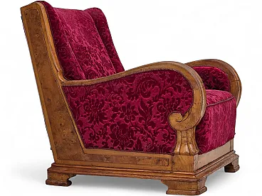 Anni '50, poltrona relax danese, velluto rosso, legno di quercia.
