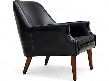 Anni '70, poltrona danese, pelle artificiale, gambe in legno di teak.