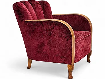 Anni '60, poltrona danese, mobili in velluto rosso ciliegia.