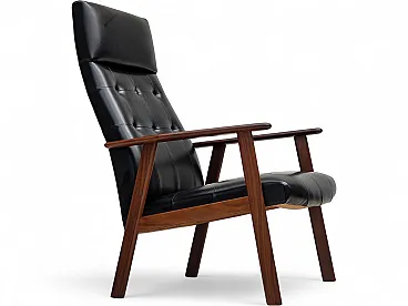 Anni '70, poltrona danese, ecopelle nera, legno di teak.