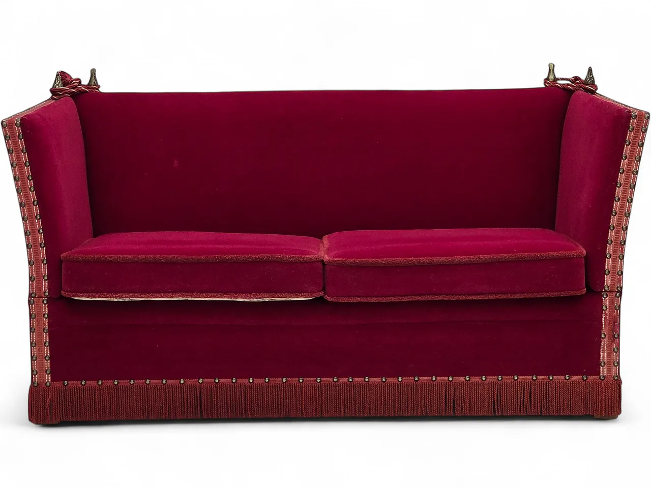 Anni '70, divano danese "spagnolo" a 2 posti con braccioli ribaltabili, velluto rosso. 21