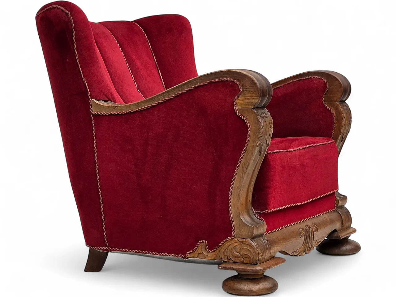 1950s, Danish relax armchair, furniture velour, carved oak wood. 23