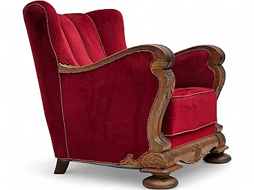 Anni '50, poltrona relax danese, mobili in velluto, legno di rovere intagliato.