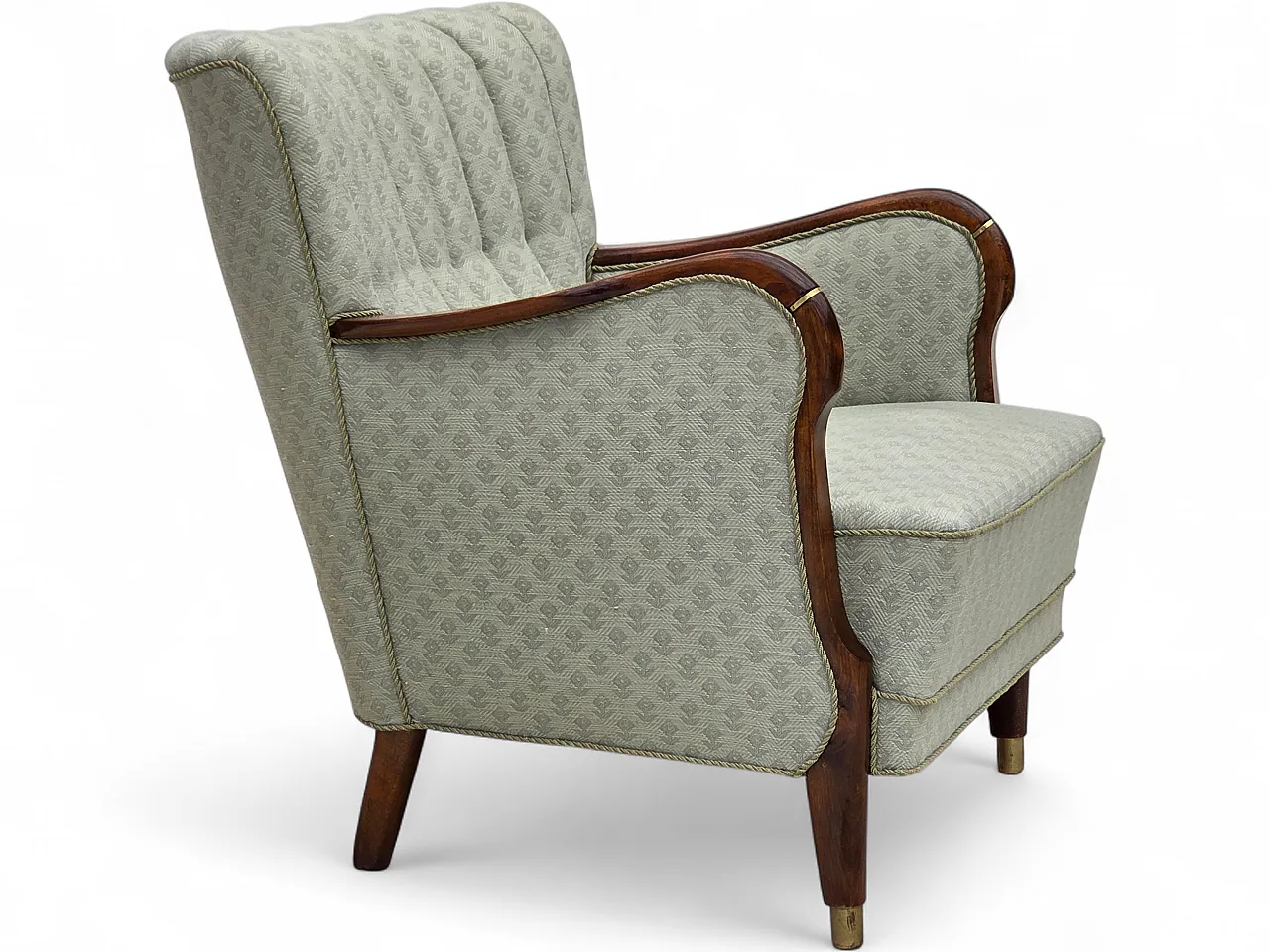 Anni '60, poltrona danese, tessuto d'arredamento azzurro, legno di faggio. 22