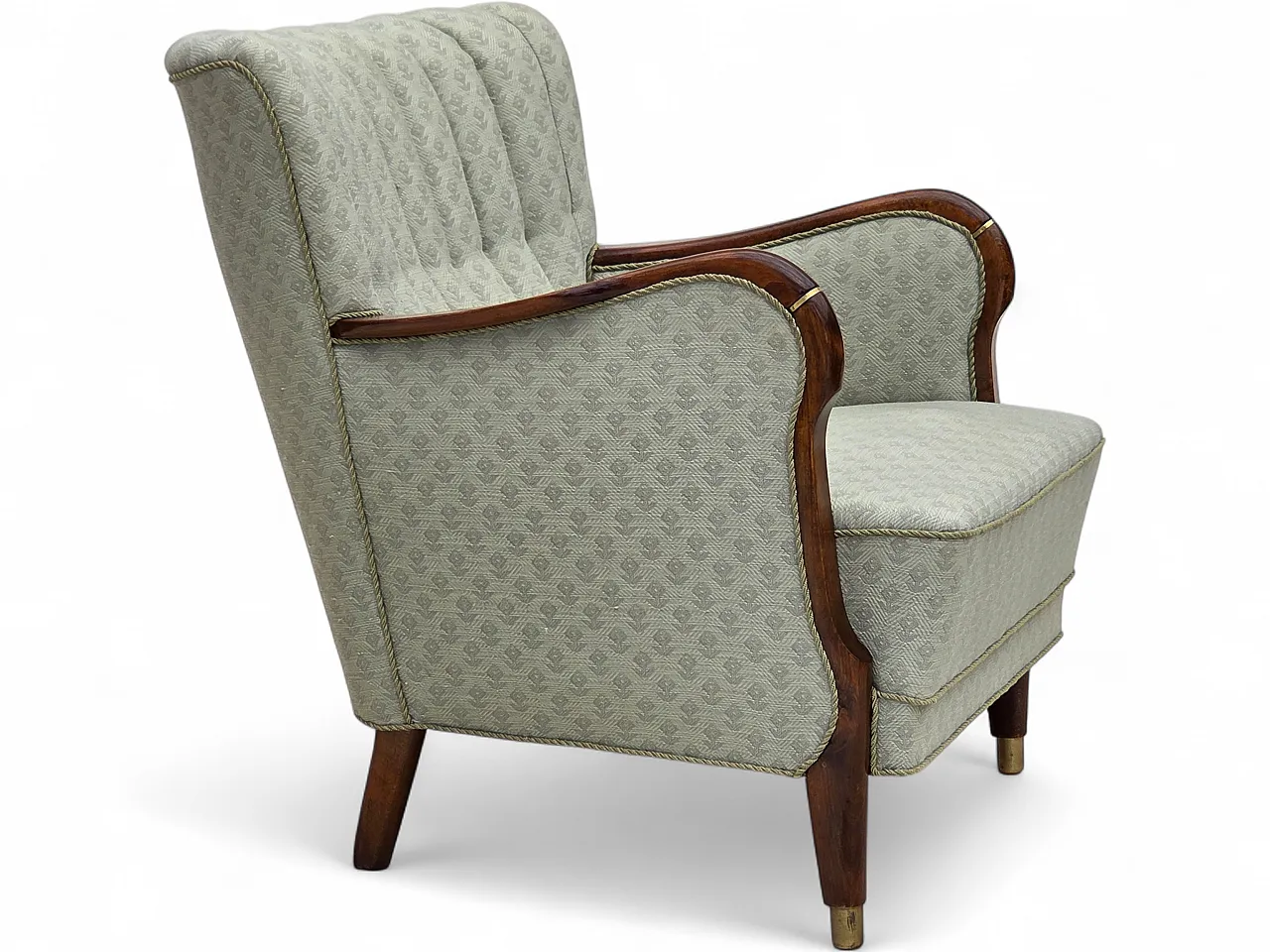 Anni '60, poltrona danese, tessuto d'arredamento azzurro, legno di faggio. 23