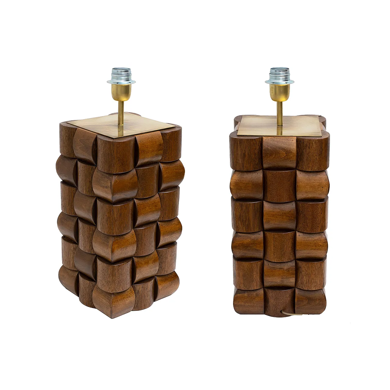 Coppia di lampade da tavolo scultoree in teak e ottone, anni 2000 1