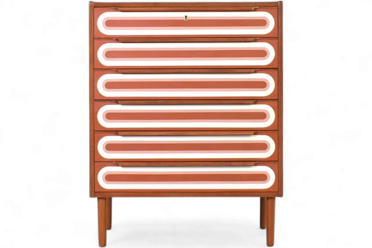 Cassettiera Mid-Century Op-Art in teak dipinta a mano, anni '60. 18