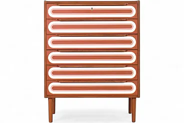 Cassettiera Mid-Century Op-Art in teak dipinta a mano, anni '60.