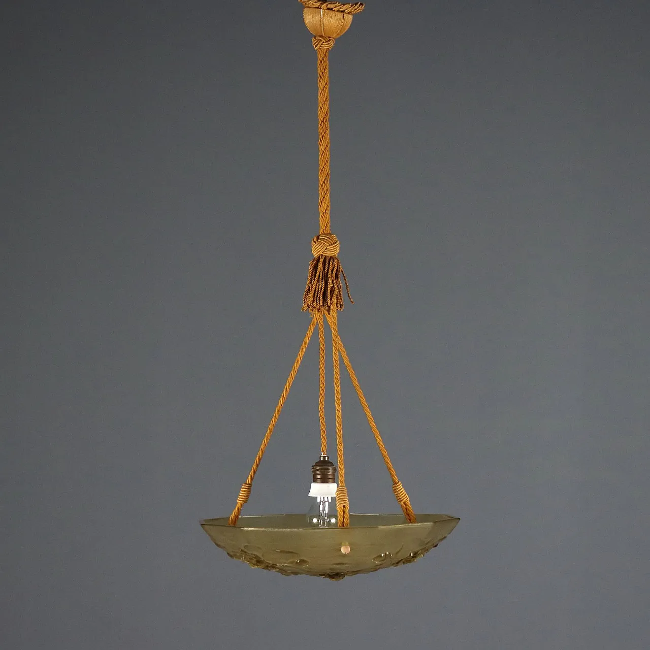 Lampadario in vetro giallo con decorazioni floreali, '900 5