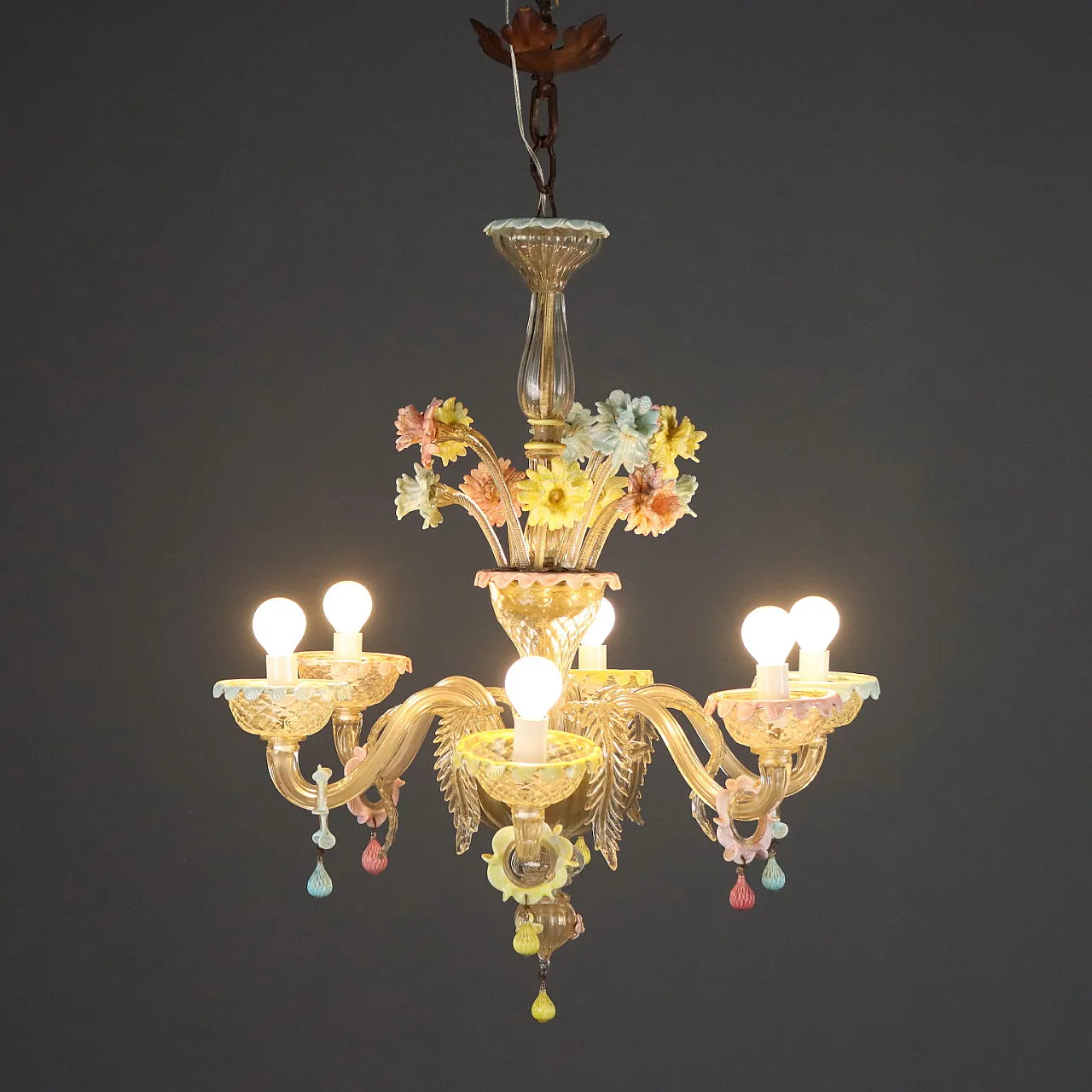 Lampadario in vetro soffiato Veneziano con fiori, '800 1