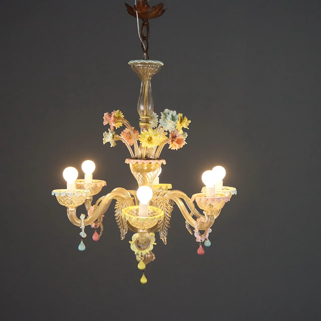 Lampadario in vetro soffiato Veneziano con fiori, '800 3
