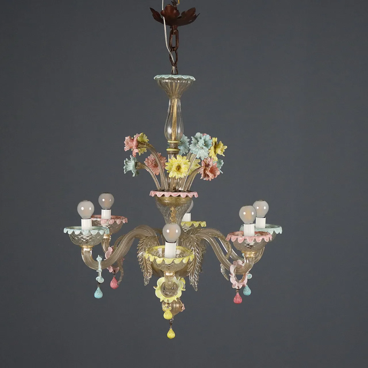 Lampadario in vetro soffiato Veneziano con fiori, '800 4