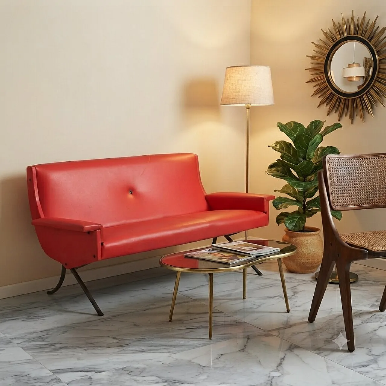 Divano in skai rosso, anni '60 2