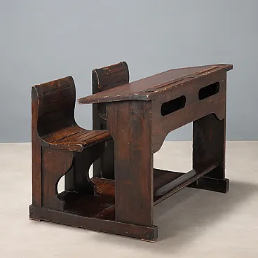 School desk in walnut-stained larch with 2 folding seats, 19th century