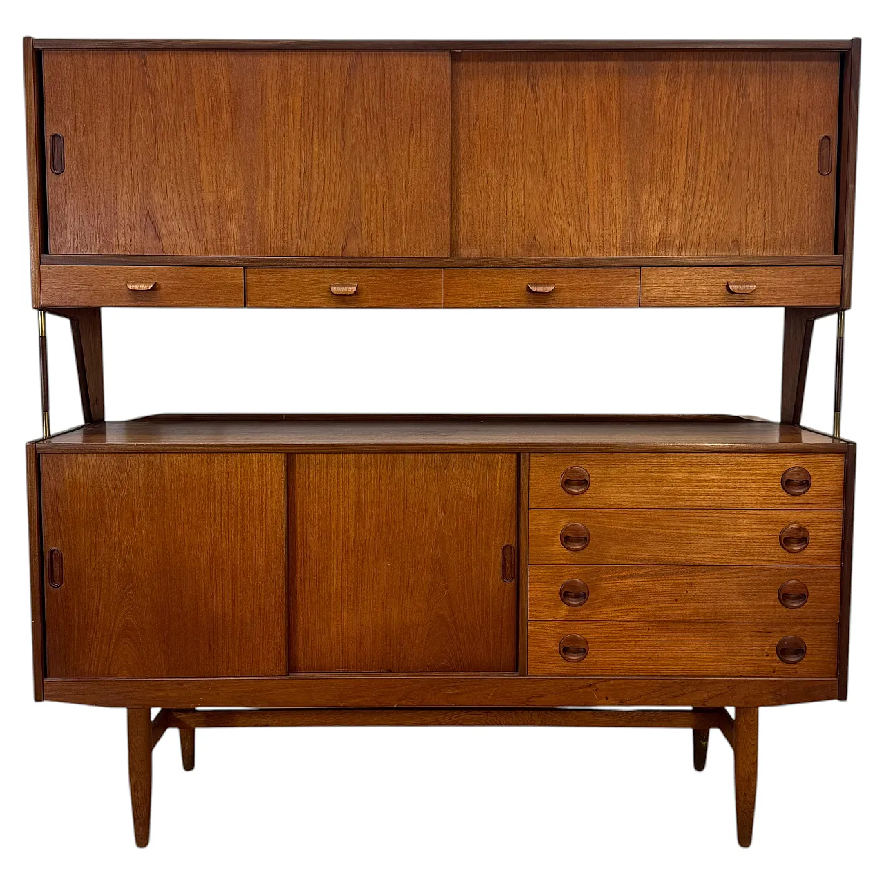 Highboard danese in teak con ante scorrevoli e cassetti, anni ’60 1