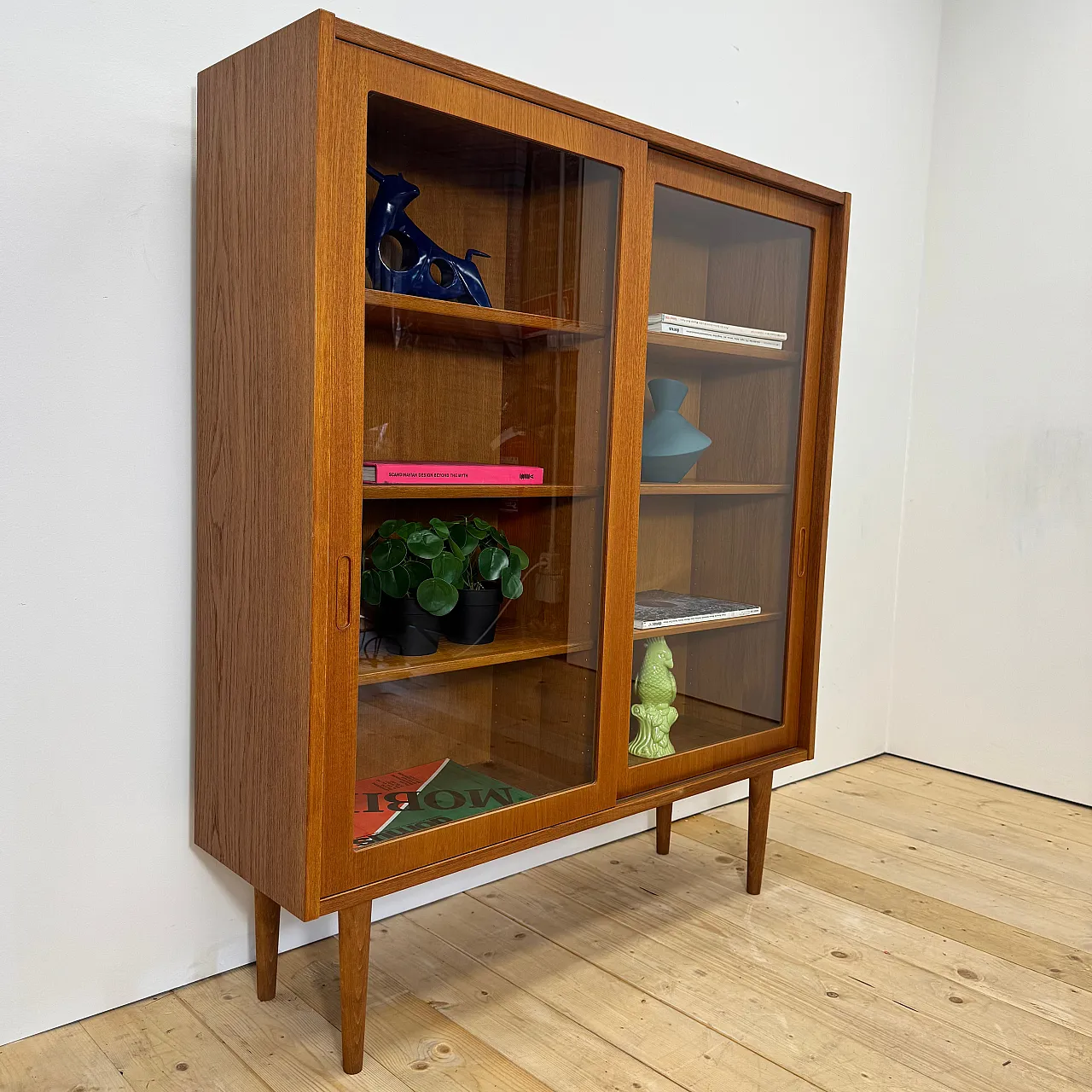 Danish teak cabinet with sliding glass doors, 1960s 4
