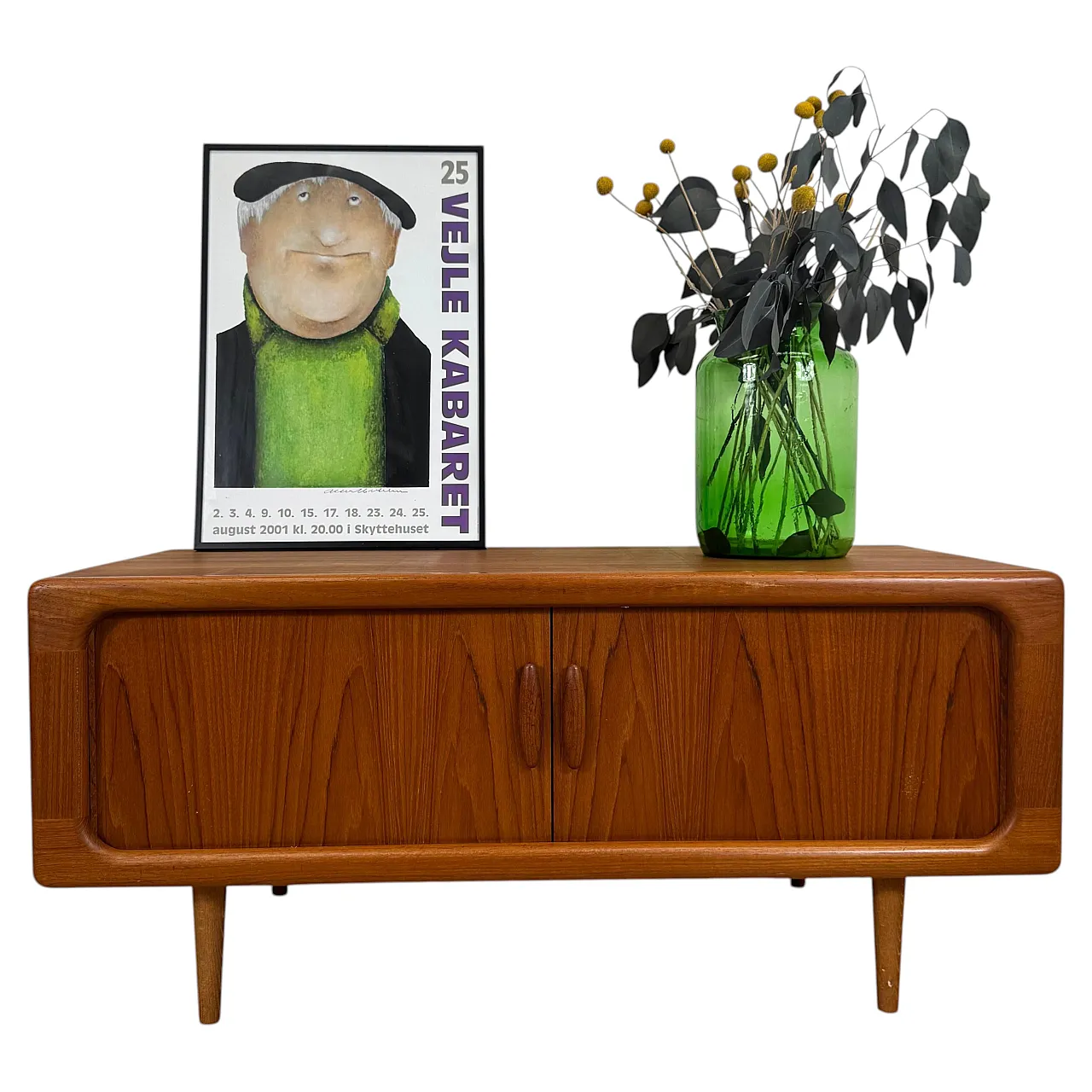 Dyrlund low teak sideboard with retractable doors, 1960s 1