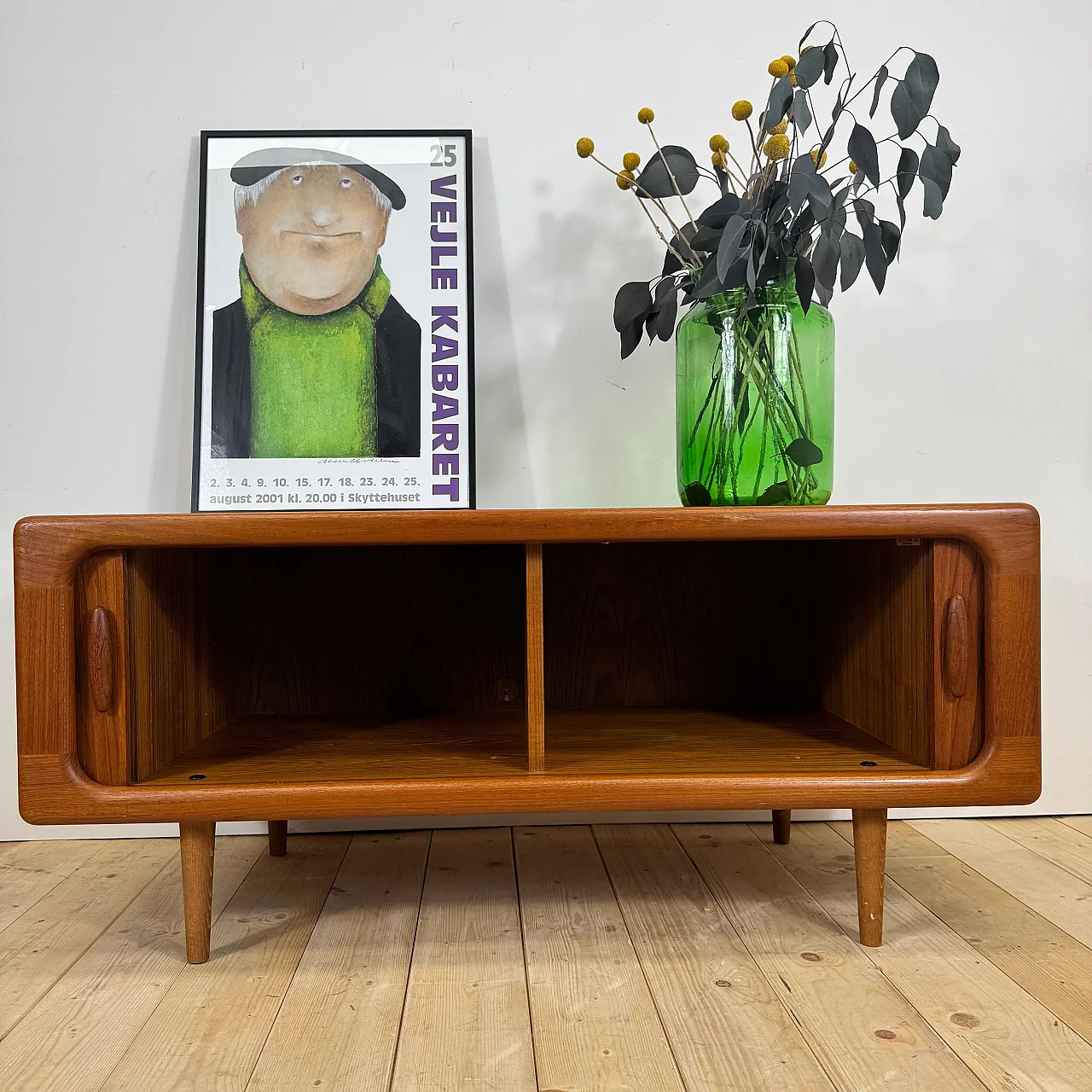 Dyrlund low teak sideboard with retractable doors, 1960s 2