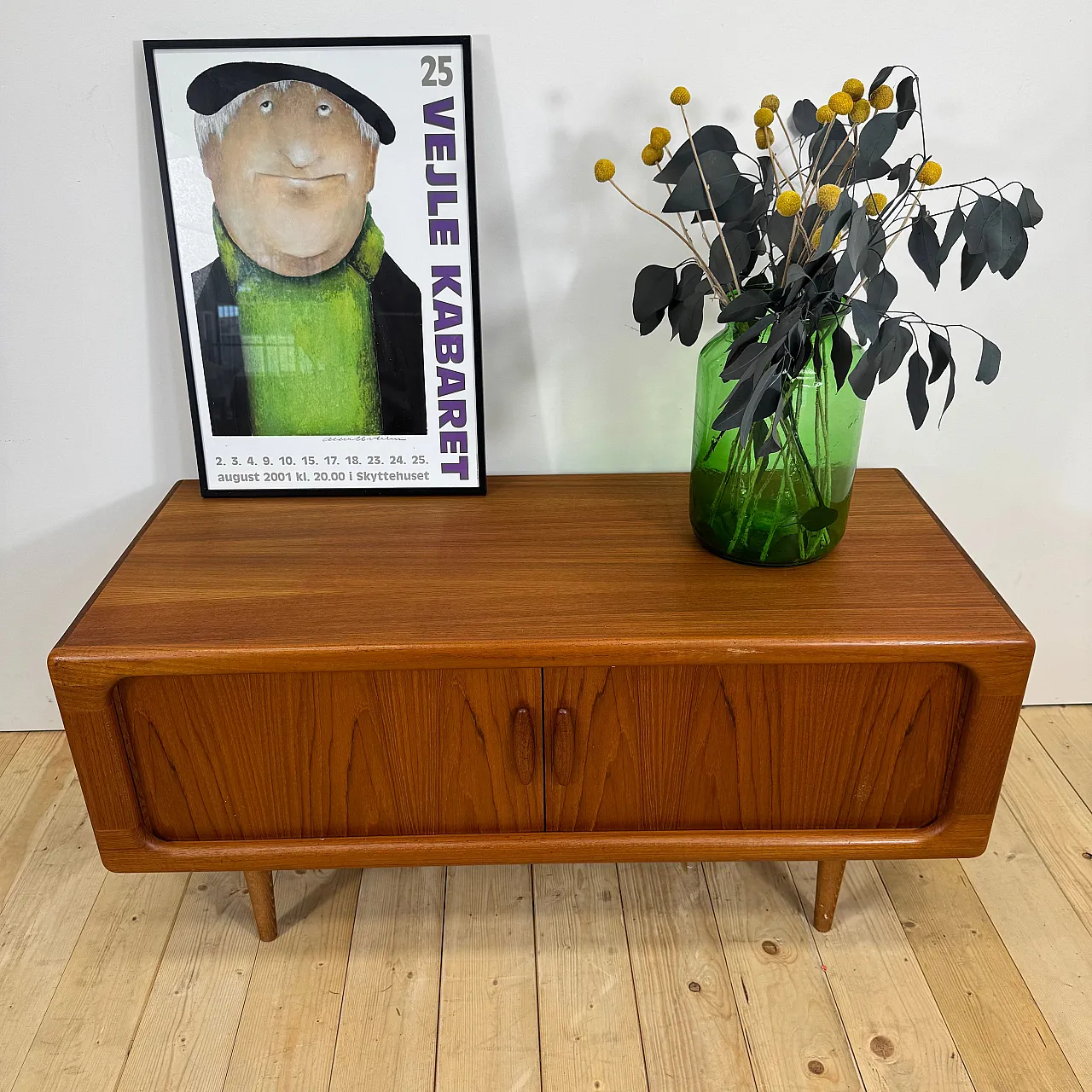 Dyrlund low teak sideboard with retractable doors, 1960s 5