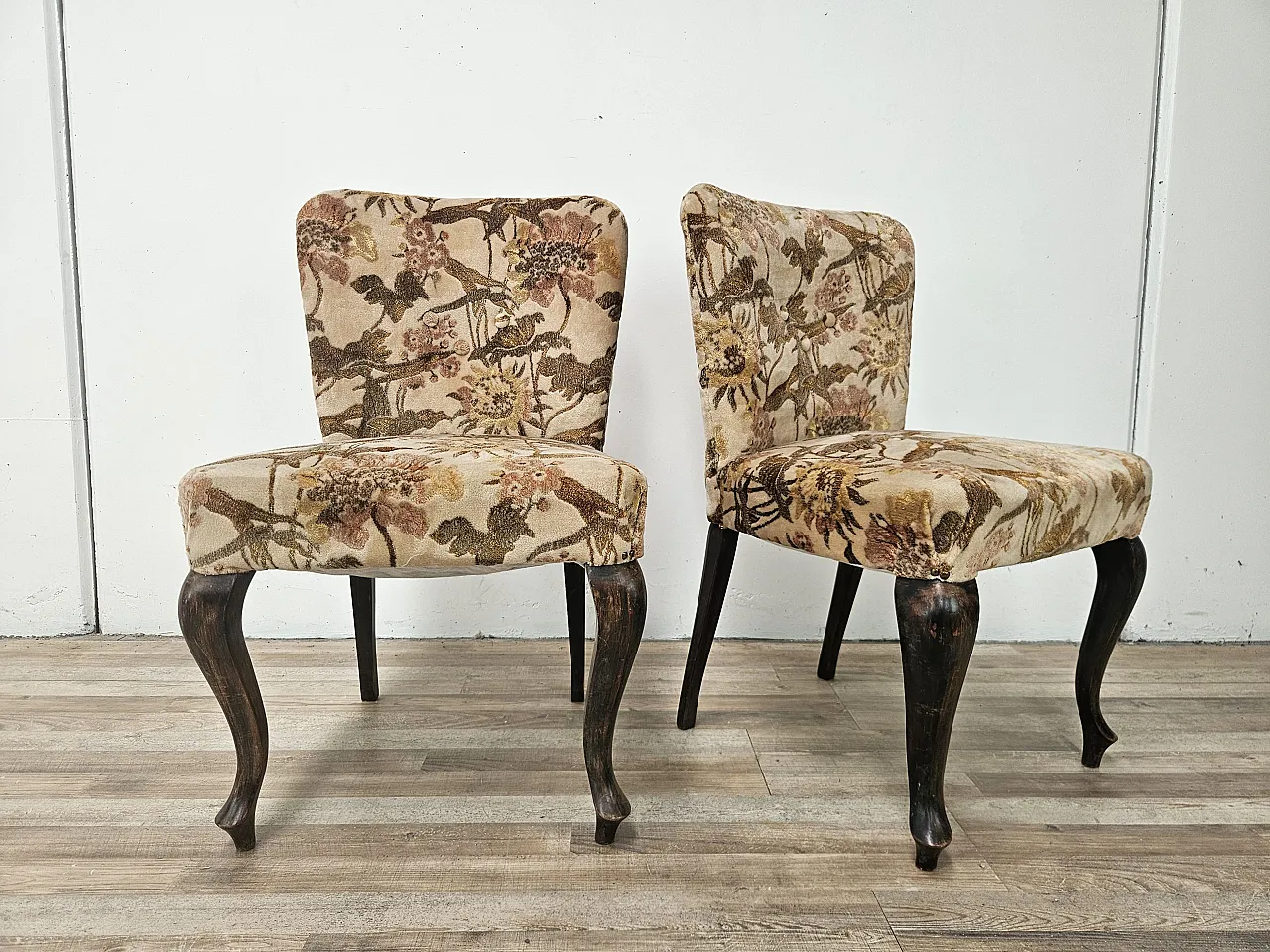 Pair of bedroom armchairs in walnut and fabric, 1960 1