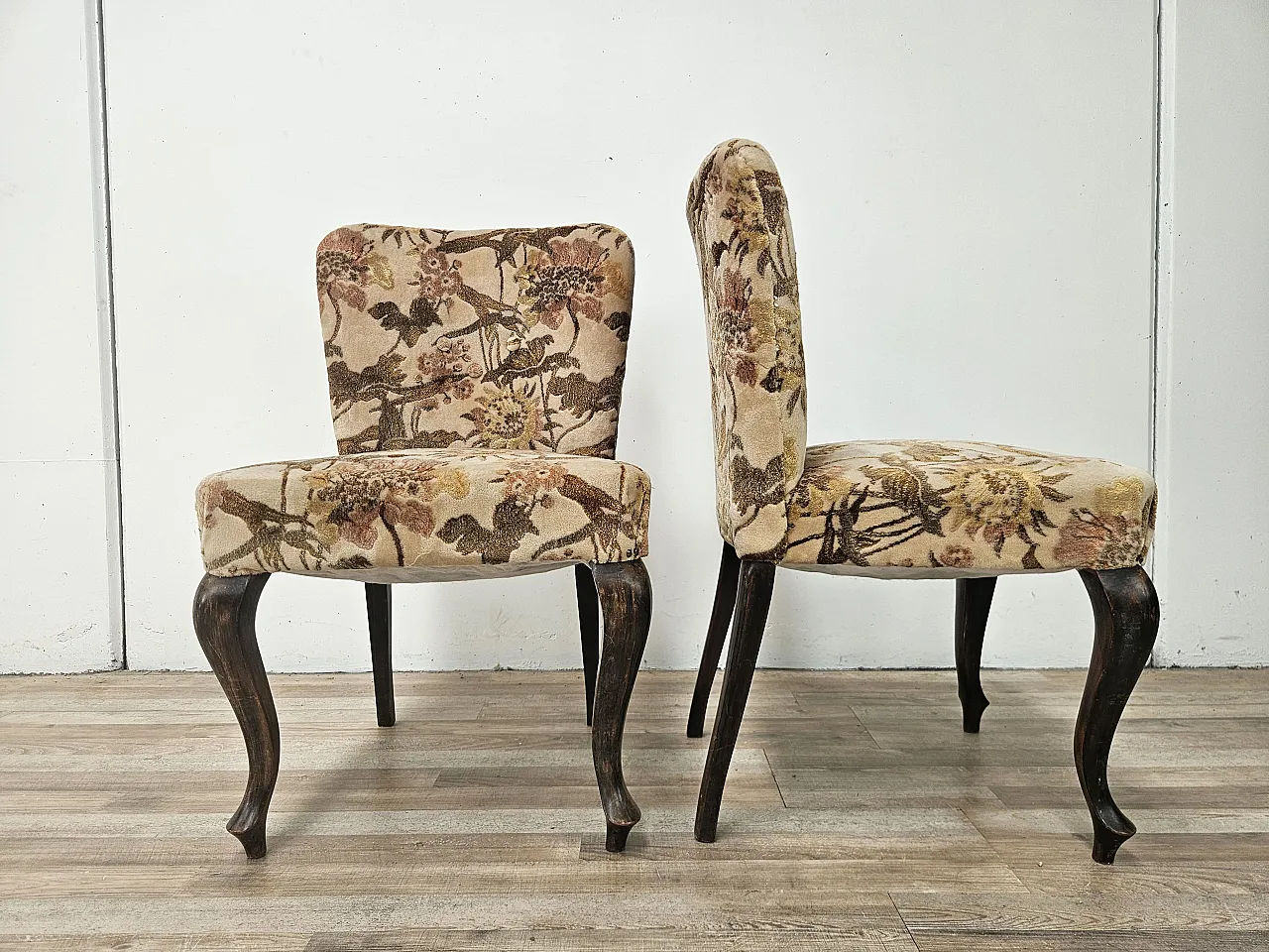 Pair of bedroom armchairs in walnut and fabric, 1960 2
