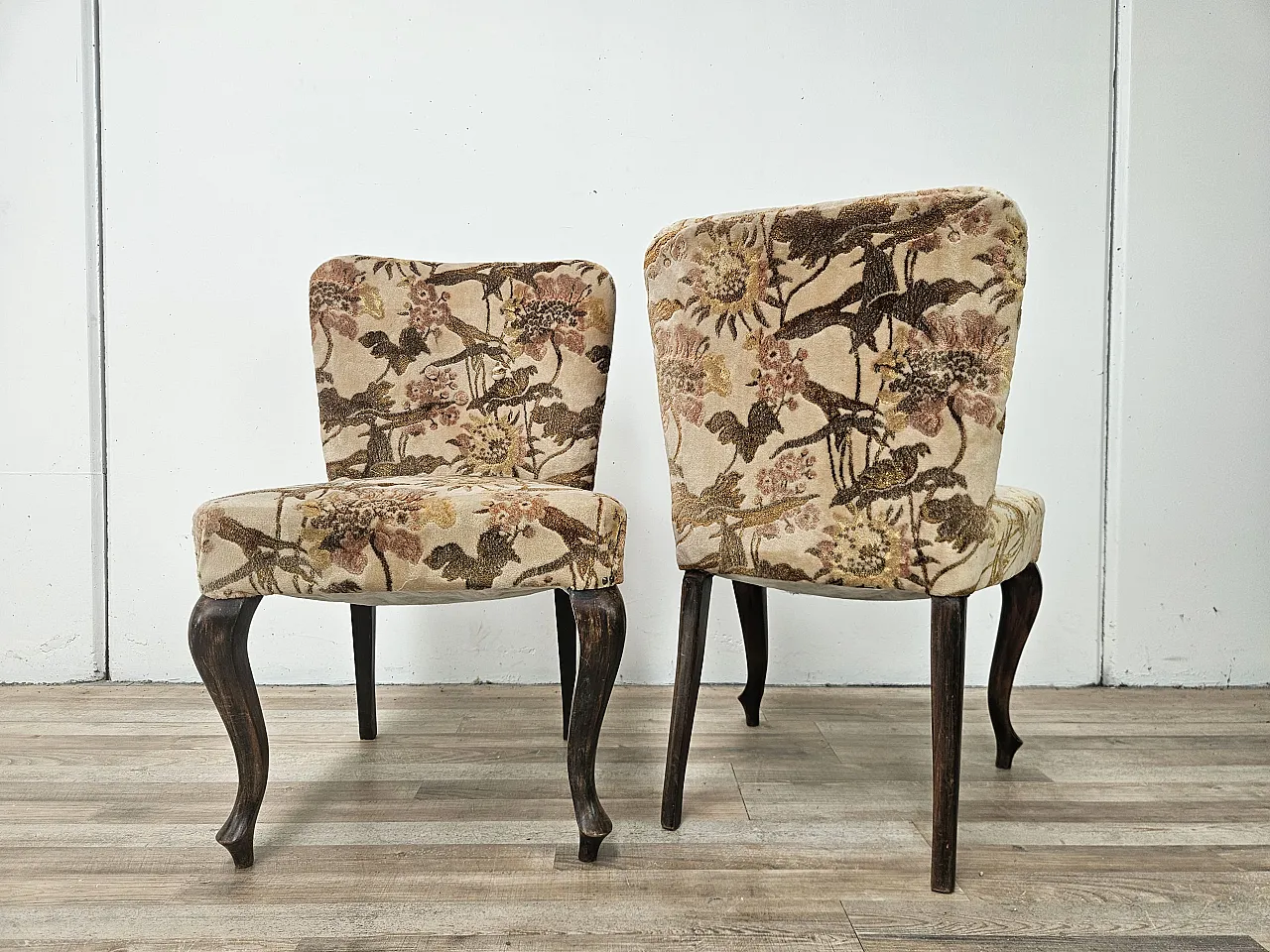 Pair of bedroom armchairs in walnut and fabric, 1960 3