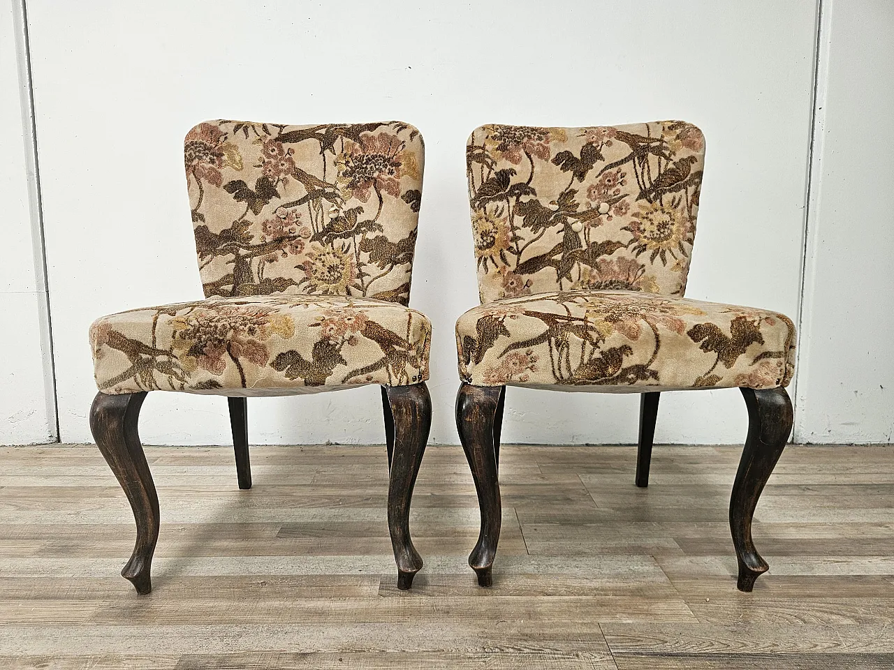 Pair of bedroom armchairs in walnut and fabric, 1960 5