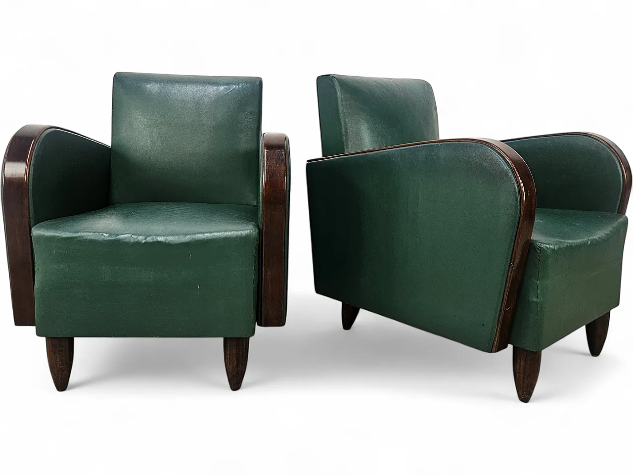 Coppia di poltrone Art Déco in noce ed ecopelle verde, 1940 22