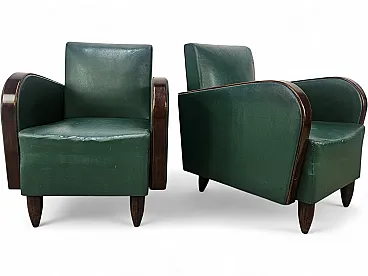 Pair of Art Deco armchairs in walnut and green eco-leather, 1940