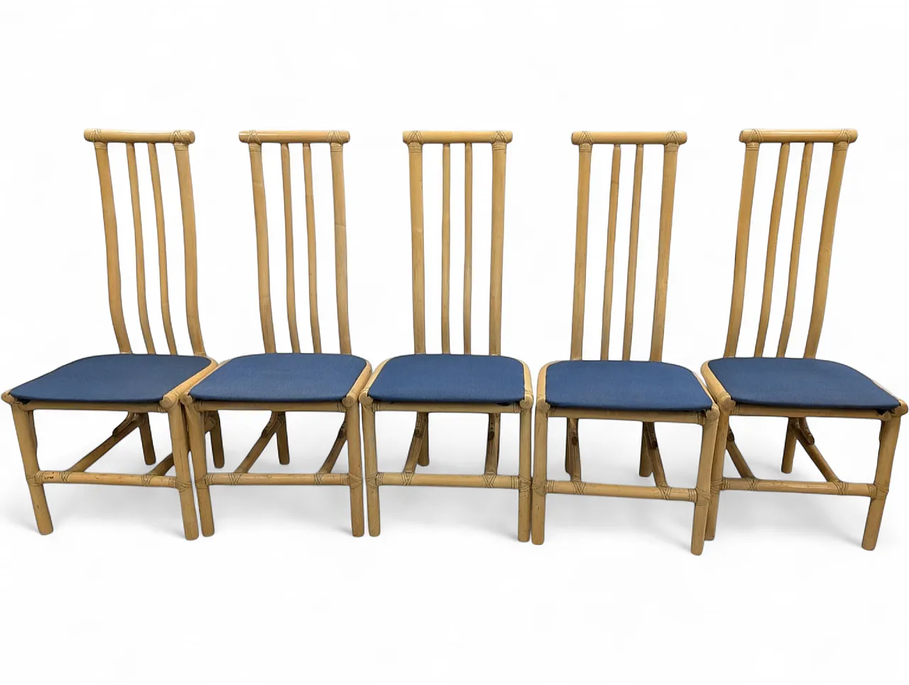 Set di 5 sedie da pranzo a schienale alto in bamboo, anni '70 12