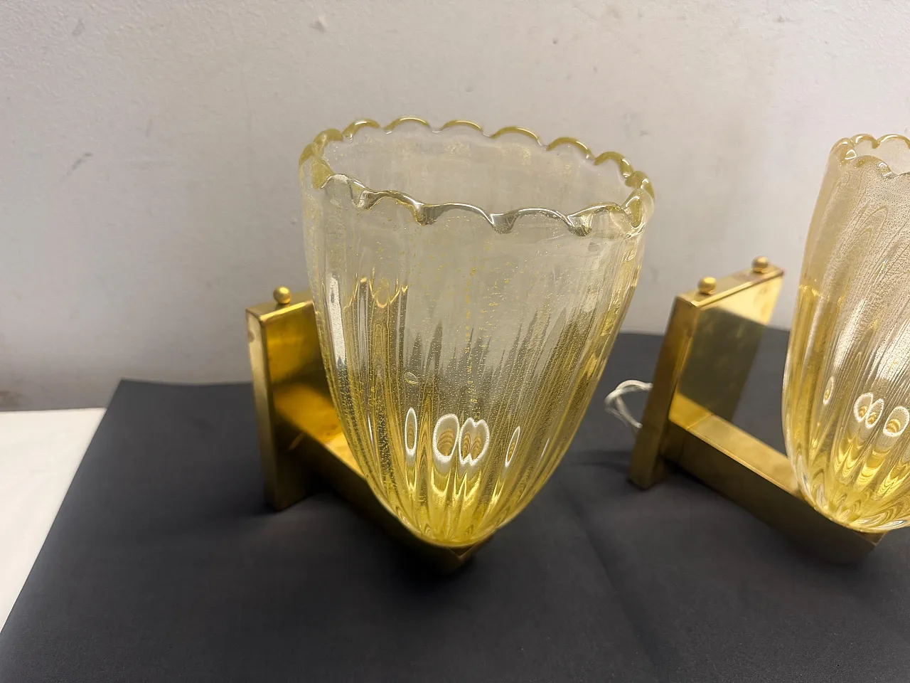 Pair of Murano glass and brass wall sconces, 1990s 2