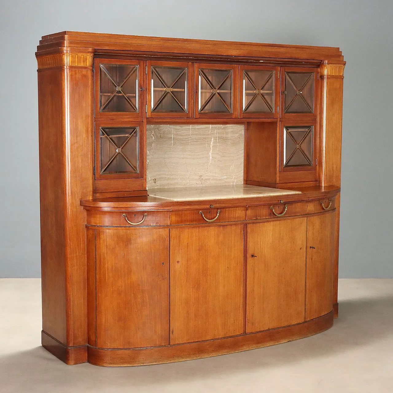Credenza in mogano con marmo e intarsi in acero, '900 1