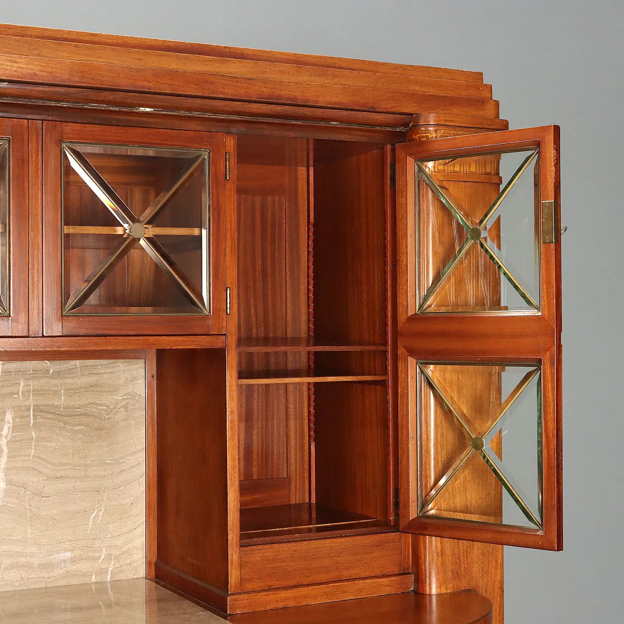Credenza in mogano con marmo e intarsi in acero, '900 7